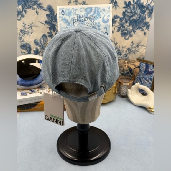 🆕 GANNI 🧿 NWT White Logo Embroidered Blue Denim Baseball Cap, Woman's Hat - Picture 5 of 14